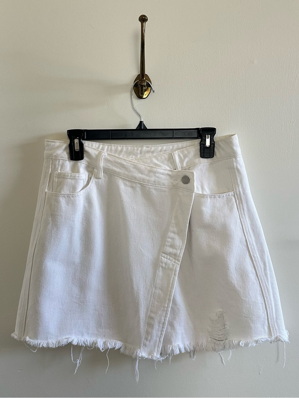 White denim faux wrap mini skirt with button fly- L